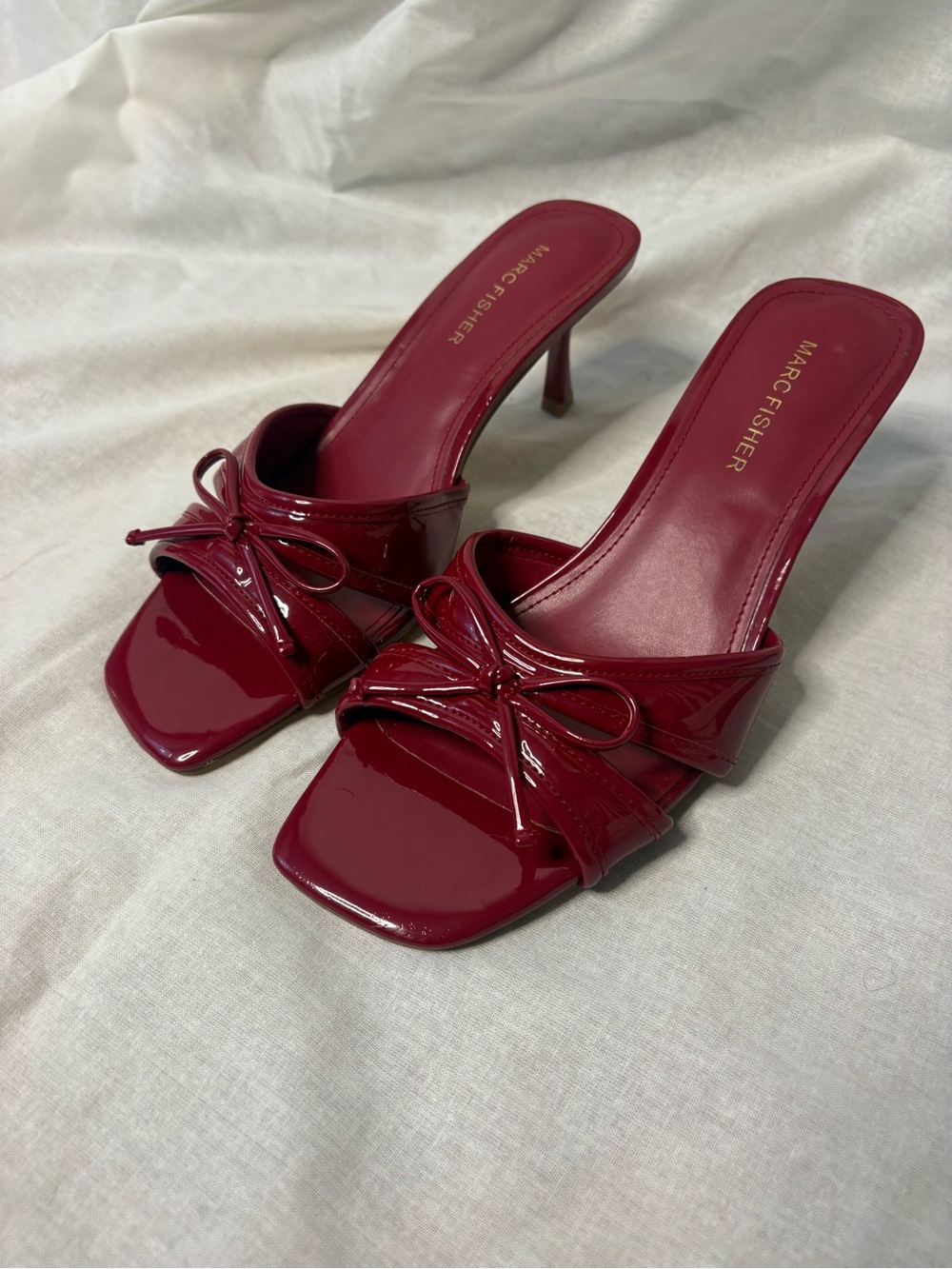 Marc Fisher Burgundy Patent Knot-Detail Slide Heels
